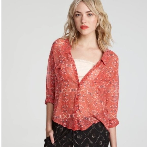FREE PEOPLE Easy Rider Sheer Geometric Print Blouse - S - Picture 2 of 8